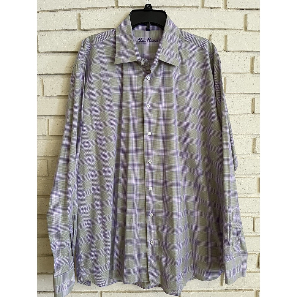 Alan Flusser Mens Plaid Button Down Green & Purple Shirt XXL Cotton Easter Shirt